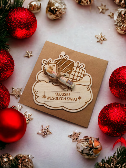 Worek Prezentów Świąteczny Bon Gwiazdkowy Kupon rabatowy Prezent na gwiazdkę Boże Narodzenie podarunkowy na pieniądze karta podarunkowa VOUCHER życzenia drewniane na 18 30 40 50 Urodziny (1)