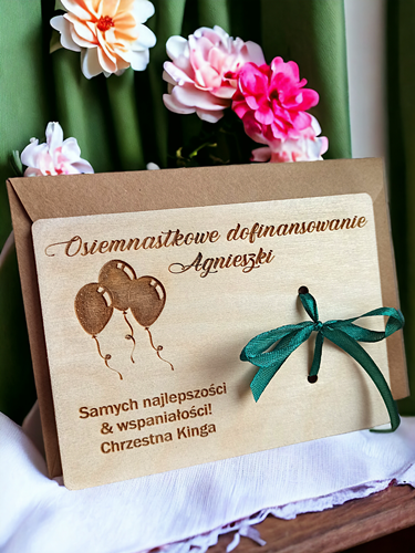 Osiemnastkowy Prezent na urodziny bon podarunkowy na pieniądze karta podarunkowa VOUCHER prezent życzenia drewniane (1)