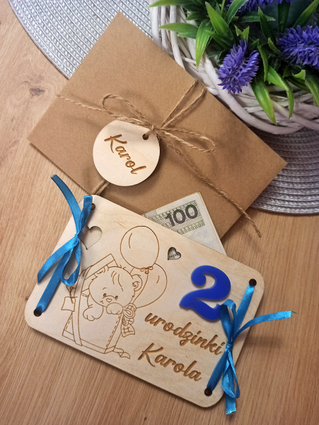 Kartka Drewniana ROCZEK urodzinki Bon Prezent  podarunkowy na pieniądze karta podarunkowa VOUCHER życzenia drewniane dla dziecka (8)