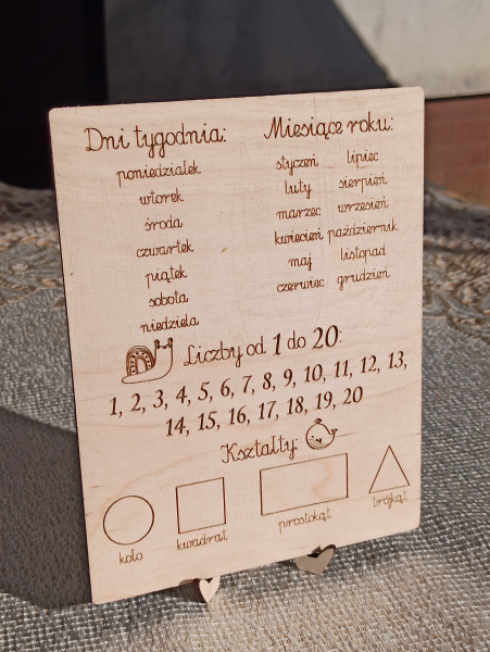 Drewniany ALFABET Drewniana tabliczka edukacyjna 2w1 nauka liczenia dni tygodnia i miesięcy (2)