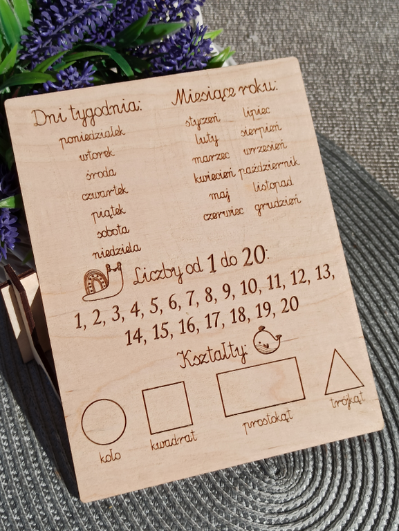 Drewniany ALFABET Drewniana tabliczka edukacyjna 2w1 nauka liczenia dni tygodnia i miesięcy (6)