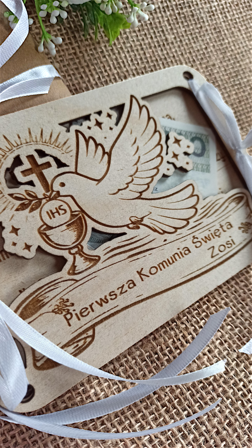 kartka komunijna handmade, kartka ze sklejki,