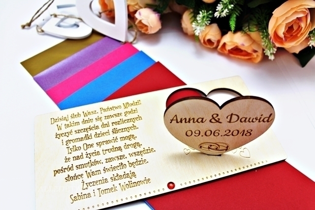 Kartka DREWNIANA prezent ślubny życzenia karta wesele ślub CYRKONIA (3)