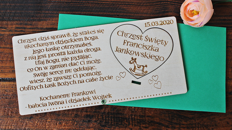 Kartka z życzeniami z okazji CHRZTU ŚWIĘTEGO drewniana 3D (3)