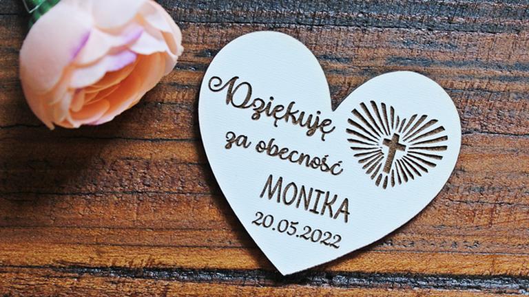 Pierwsza Komunia Święta MAGNESY dla gości magnes PODZIĘKOWANIE drewniany prezent BIAŁY serce (2)