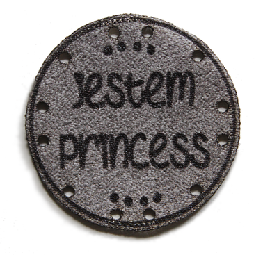 Wszywka KOŁO metka NUBUK zamsz JESTEM PRINCESS rękodzieło handmade