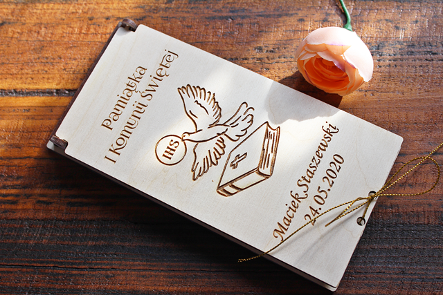 PUDEŁKO KOMUNIJNE PREZENTOWE OZDOBNE ETUI na PIENIĄDZE pudełko z życzeniami drewniane retro prezent Pierwsza Komunia Święta  (4)